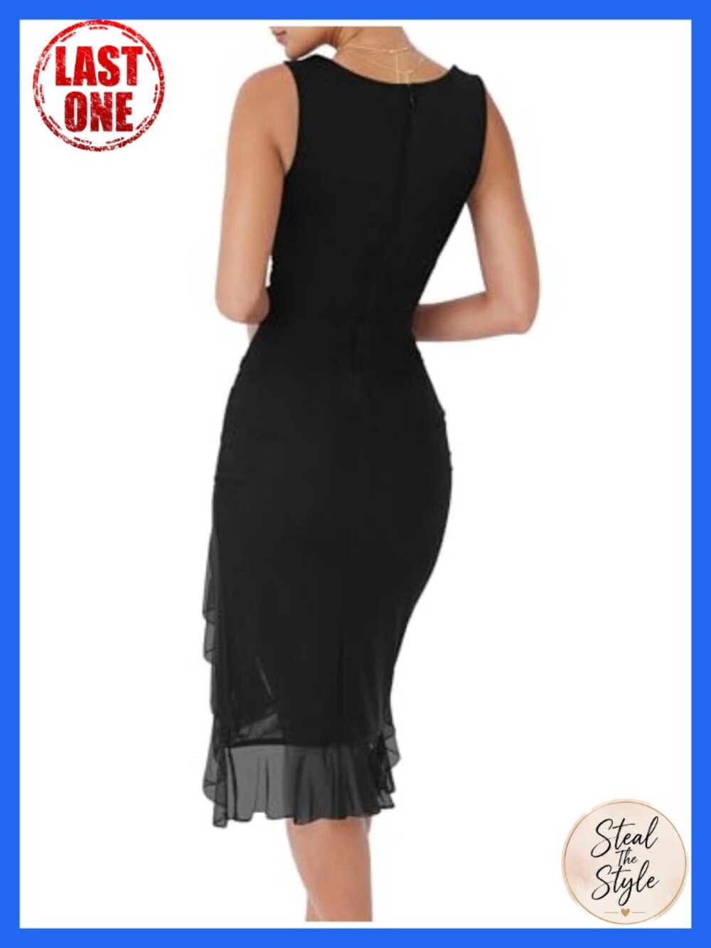 Sexy Ruched Bodycon Midi Cocktail Dress Mesh Ruffle Club Party - Picture 3 of 6